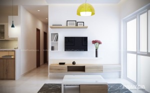 Thiết Kế Nội Thất Chung Cư HOMYLAND 1 Phòng khách chung cư hiện đại với kệ tivi treo tường, tủ gỗ và cửa sổ kính lớn