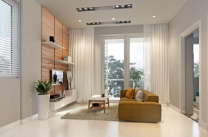 Phòng khách hiện đại tông trắng-xám, vách ốp gỗ, sofa vàng và cửa sổ lớn