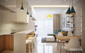Thiết Kế Nội Thất Chung Cư HOMYLAND 2 Không gian bếp mở liền phòng ăn và phòng khách phong cách hiện đại
