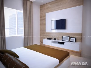 Thiết Kế Nội Thất Chung Cư HOMYLAND 3 Phòng ngủ chung cư tối giản với giường nâu, tường ốp gỗ và kệ treo tivi