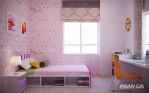 Thiết Kế Nội Thất Chung Cư HOMYLAND 4 Phòng ngủ trẻ em màu hồng với giường có ngăn chứa và bàn học bên cửa sổ