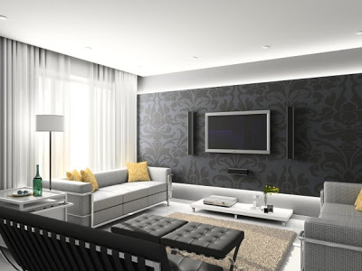Phòng khách tối giản với ghế sofa xám, tường nhấn hoa văn và tivi treo tường