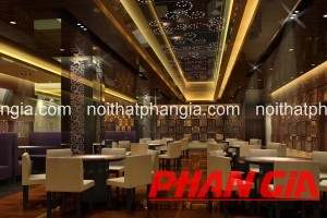 Thiết Kế Nhà Hàng Sang Trọng Lịch Lãm 6 Không gian nội thất nhà hàng sang trọng với bàn ghế bọc kem, trần đèn vàng
