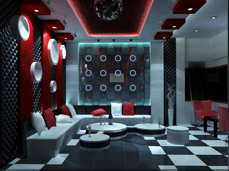Phòng karaoke VIP màu đỏ, trắng và đen với sàn gạch ô bàn cờ