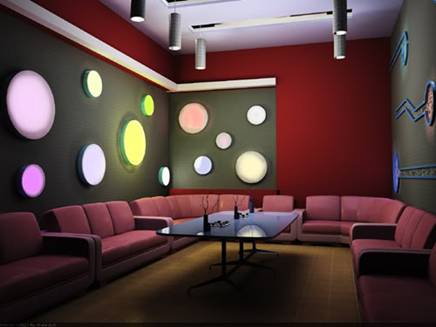 Phòng karaoke VIP hiện đại với ghế sofa hồng và đèn tròn tường