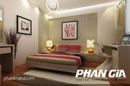 Phòng ngủ hiện đại tích hợp giường đôi, bàn làm việc và đèn để bàn