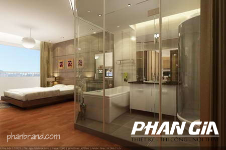 Phòng ngủ hiện đại tích hợp phòng tắm kính trong suốt với bồn tắm đứng