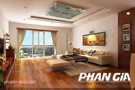 Phòng khách hiện đại với sàn gỗ, sofa be, bàn cà phê và cửa kính
