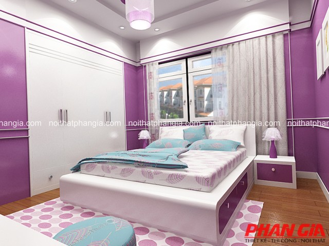 Phòng ngủ hiện đại tông tím trắng với giường thấp và tủ âm tường