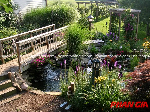 Tiểu cảnh sân vườn với cầu gỗ bắc qua hồ nhỏ và thác
