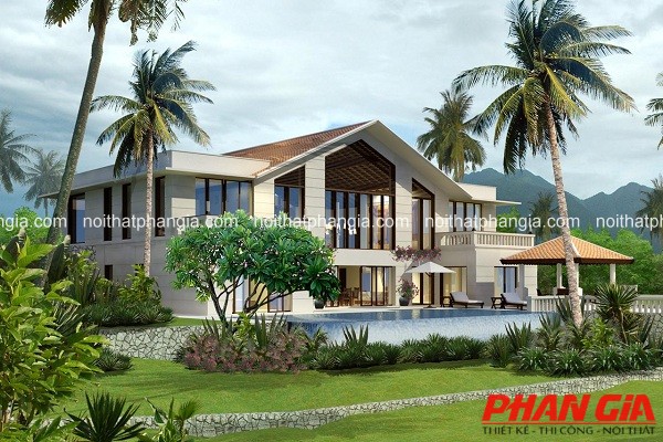 Mô hình biệt thự hai tầng với hồ bơi trước nhà và sân vườn xanh mướt