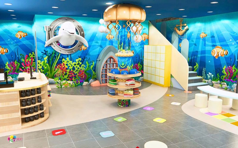 Thiết kế nội thất khu vui chơi 400m² — vật liệu, ánh sáng, vận hành 1 Bố cục khu vui chơi trong nhà diện tích 400m2 với phân vùng sàn mềm và khu chờ phụ huynh
