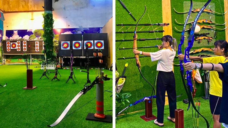 Sân chơi bắn cung đối kháng với chướng ngại inflatable và người chơi đội mũ bảo hộ