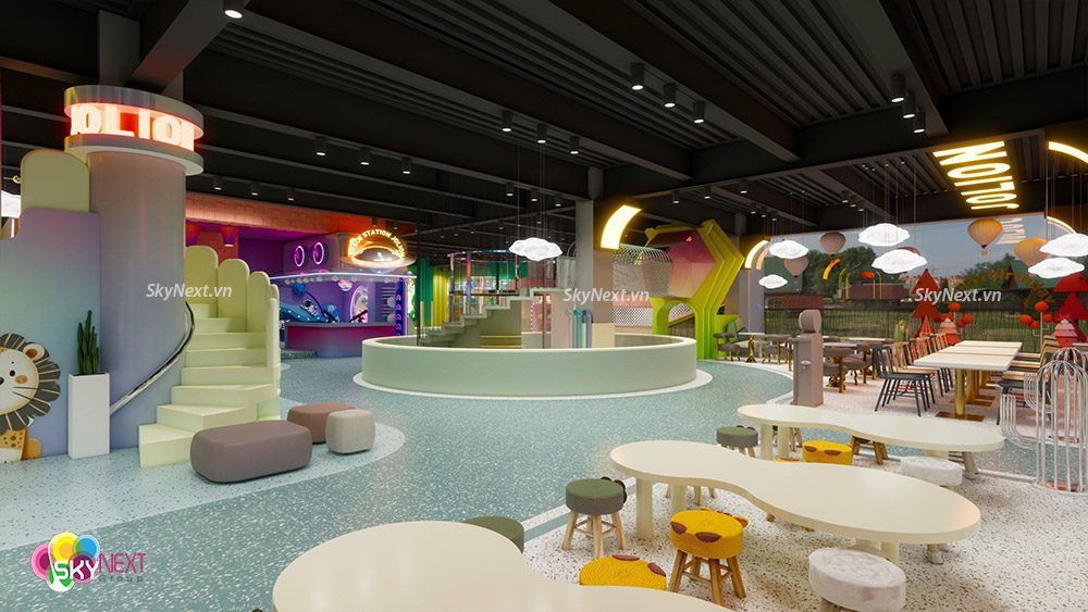 Bản đồ ý tưởng (bubble plan) khu vui chơi 1000m2 với phân bổ zone